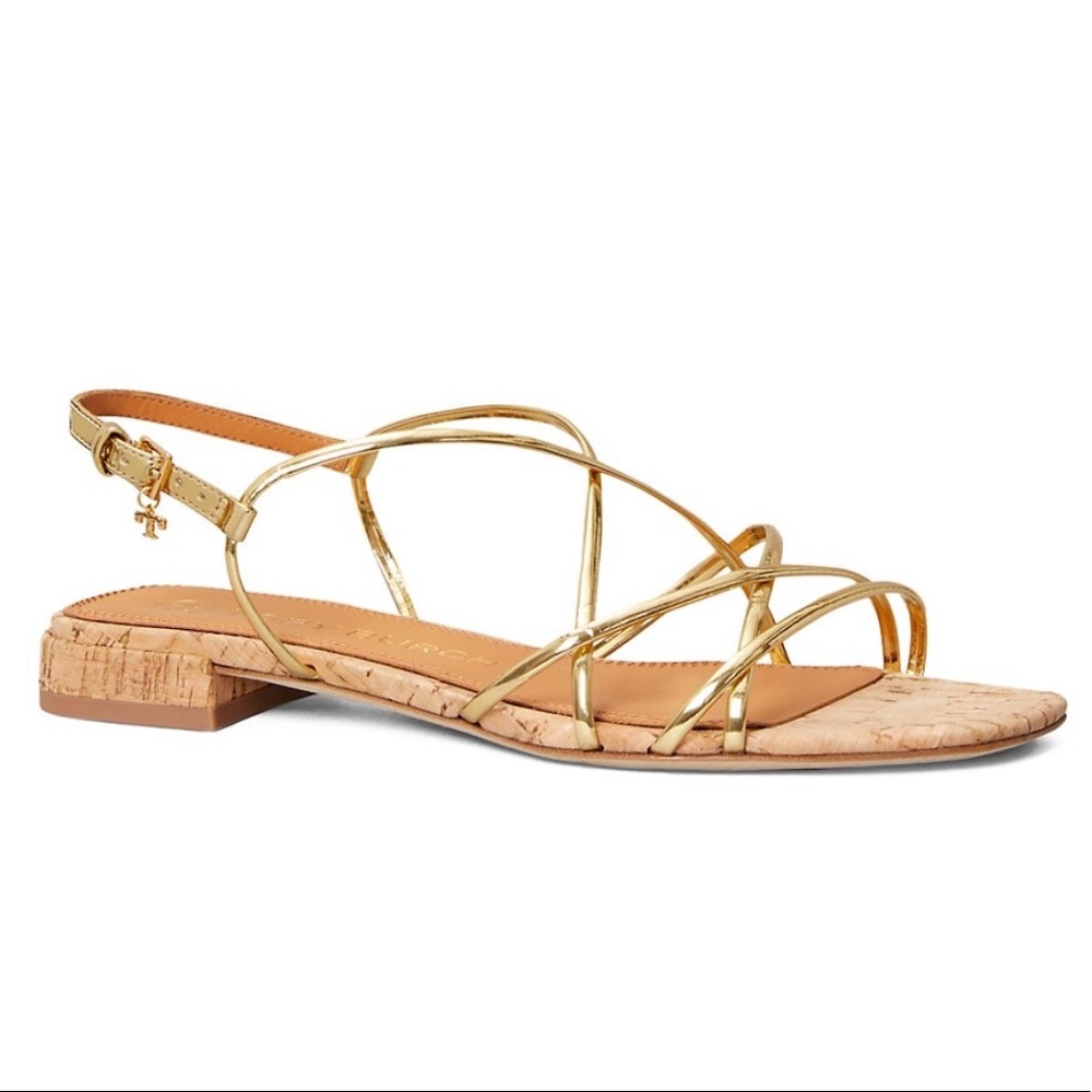 Tory Burch Penelope Flat Metallic Gold Slingback Sandals Size 7 Box & Dust Bag